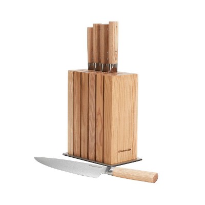 KitchenAid Premium 6pc Ash Wood Block Knife Set: Stainless Steel Blades, Forged Construction, Hand Wash, Lifetime Warranty