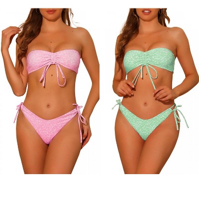 Elerevyo Women's Halter Floral Print Bandeau Tie Side Triangle Bottoms Swimwear Bathing Suits 2 Sets