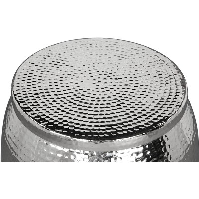 Silver Hammered Metal Drum Accent Table