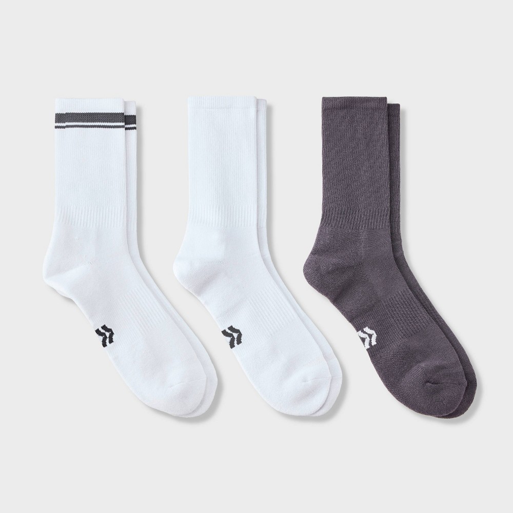 Men's Striped Tonal Varsity 3pk Crew Socks - All In Motion™ Fitness Gray 6-12