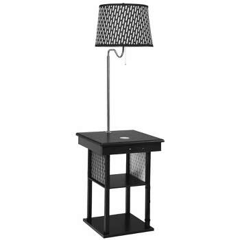 Tangkula Swing Arm Floor Lamp w/ Wireless Charger, Side Table, 2 USB Ports, Open Shelves & Shade, Modern Bedside Nightstand Lighting Black