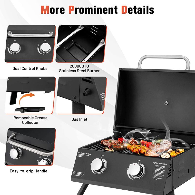 SKONYON Portable Grill 2-Burner Propane Gas Grill Ideal for Outdoor Cooking Black, 5 of 10