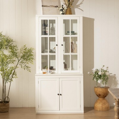 INFURNIC Decorative Storage Cabinets Freestanding Pantry with Glass Door Lattice Window and Ample Storage for Living Room, White, 36.25"*24.25"*75.25"