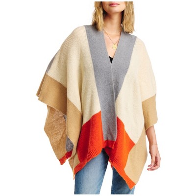 Women's Ivory, Gray, Orange Color Block Open Front Pullover Shawl Sweater