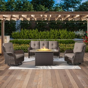 POCASSY 4-piece outdoor furniture set with fire pit table, brown wicker outdoor living set with patio sectional sofa, swivel chair - 1 of 4