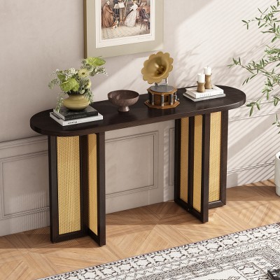 Farmhouse Rattan Console Table Entryway Table, Narrow Console Table with Storage, Hallway Table for Living Room, Entrance