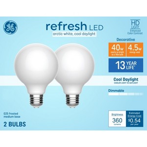 GE 2pk 40W G25 LED Globe Light Bulbs Cool Daylight: 120V, Dimmable, Energy Star, 6500K, E26 Base, 360 Lumens - 1 of 4