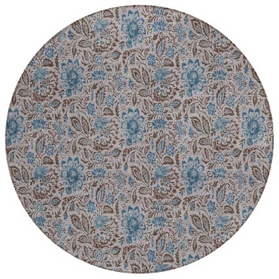 Brown And Blue Floral Washable Indoor Outdoor Area Rug