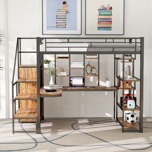 YOOCOZZ Full Size Metal Loft Bed with Built-in Desk, Shelves, Storage Stairs and Wardrobe - 1 of 4