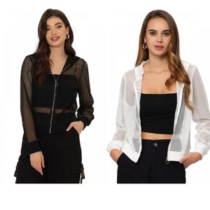 INSPIRE CHIC Women's Zip Up Long Sleeve Mesh Sheer Hoodie Bomber Jackets 2 Packs - 1 of 4