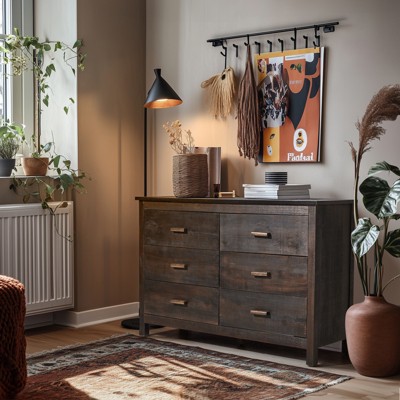 KTMBDW Dresser for Bedroom with 6 Drawers, 47" Wide Modern Chest of Drawers with Metal Handle, Wooden Dresser TV Stand, Living Room, Hallway, Brown