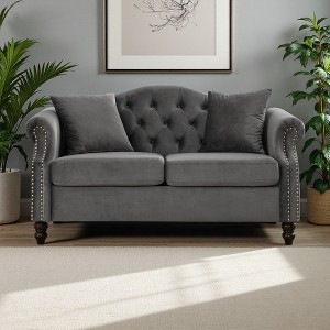 57" Velvet Chesterfield 2-Seater Sofa with Rolled Arms & Nailhead Trim - 1 of 4