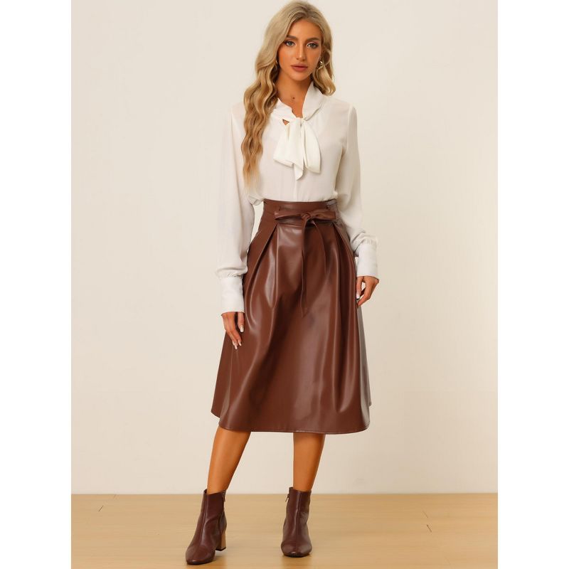 Allegra K Women's Faux Leather High Waist Belted A-line Flare Midi Skirts, 3 of 6