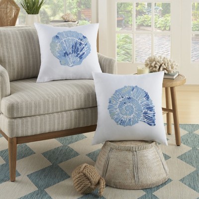 White and Blue Seashell Print 18" Square Throw Pillow