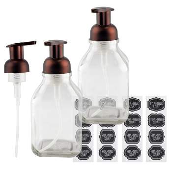 Cornucopia Brands 16oz Square Glass Foaming Soap Dispensers; Clear Bottle w/ Bronze Color Foamer Pump