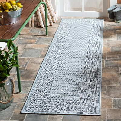 Aqua and Cream Floral Bordered Indoor/Outdoor Runner Rug