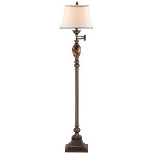 Kathy Ireland Vintage Swing Arm Floor Lamp 61" Tall Bronze Marble Font Faux Silk Shade for Living Room Reading House Bedroom Home - 1 of 4