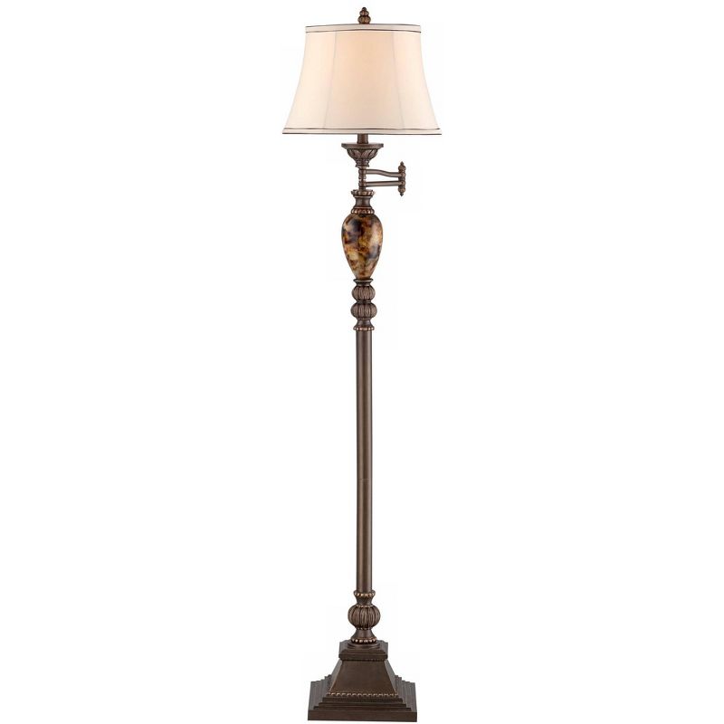 Kathy Ireland Vintage Swing Arm Floor Lamp 61" Tall Bronze Marble Font Faux Silk Shade for Living Room Reading House Bedroom Home, 1 of 10