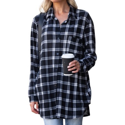 Amaryllis Women's Plaid Button-Up Shirt Asymmetrical Hem Long Sleeve Top with Chest Pocket Versatile Oversized Fit