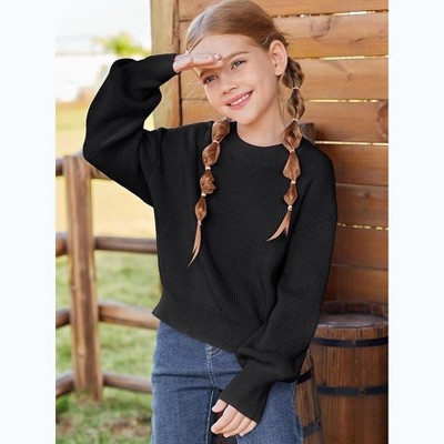 Knit Pullover Sweaters Mock Neck Long Lantern Sleeve Jumper Tops 5-14 Years
