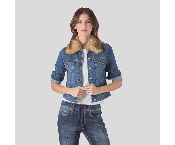 Women's Denim Jacket with Detachable Faux Fur Collar M Blue - S&P by Standards and Practices