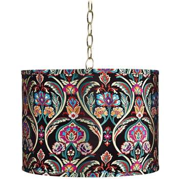 Possini Euro Design Antique Brass Pendant Light 15" Wide Modern Multi-Color Embroidery Drum Shade Fixture for Dining Room Entryway