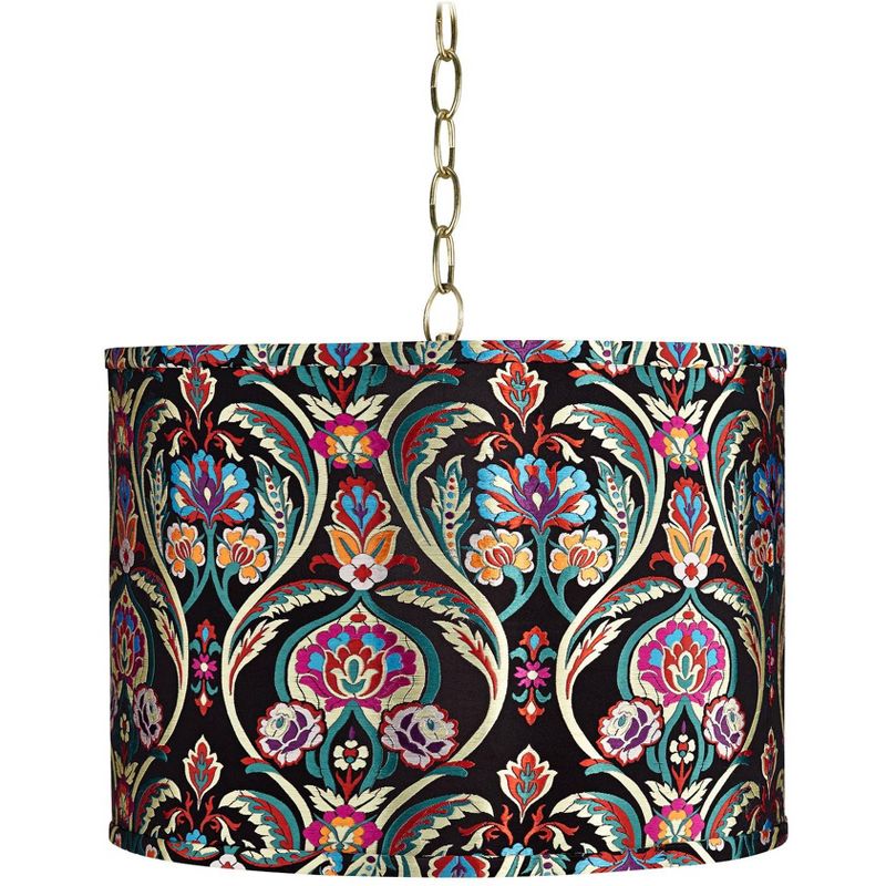 Possini Euro Design Antique Brass Pendant Light 15" Wide Modern Multi-Color Embroidery Drum Shade Fixture for Dining Room Entryway, 1 of 4