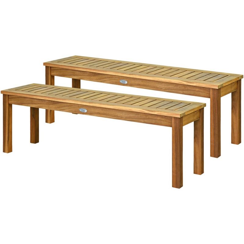 Tangkula Set of 2 Acacia Wood Bench Dining Bench Patio Garden w/ Slatted Seat Teak, 4 of 10