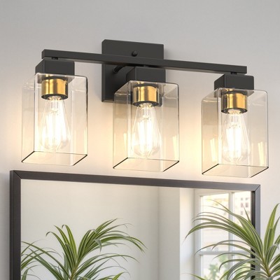 YANSUN 3-Head Vanity Light, Non-Integrated Light Source, No Bulbs Included, Black and Gold Finish, Square Glass Shades