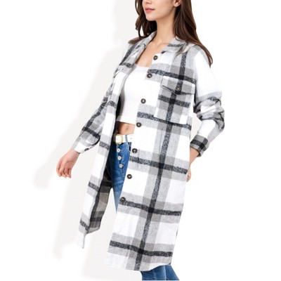 Anna-Kaci Women's Long Plaid Button-Up Shacket with Chest Pockets and Side Slits