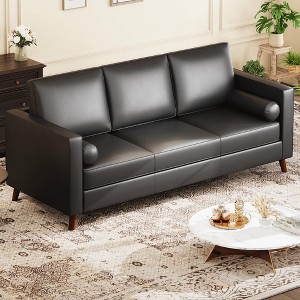 81" Leather Sofa for Living Room, Mid-Century Modern Couch with Deep Seats, Brown Faux Leather Couch, 3 Seat Sofa with Removable Cover for Apartment - 1 of 4