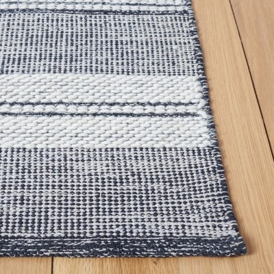 Ivory and Black Striped Wool Cotton Area Rug
