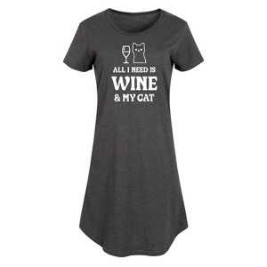 Women's - Instant Message - All I Need Wine Cat Graphic T-shirt Dress - 1 of 4