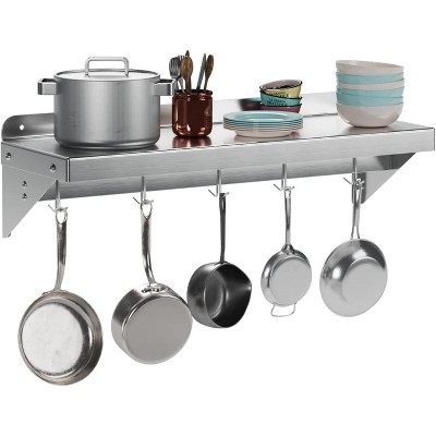 NSF 12"x24" Stainless Steel Floating Shelf with Backsplash & 5 Hooks - Commercial Wall Shelf for Pots, Pans & Cookware