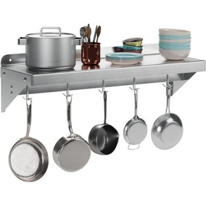 NSF 12"x24" Stainless Steel Floating Shelf with Backsplash & 5 Hooks - Commercial Wall Shelf for Pots, Pans & Cookware - 1 of 4