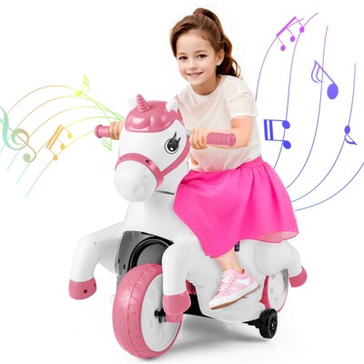 Infans 12V Kids Ride on Unicorn Toy w/ Training Wheels Music One-button Start Horse Toy