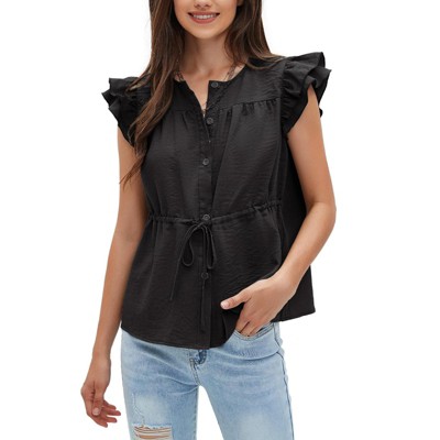 EXLURA Womens Button Down Blouses Casual Ruffle Cap Sleeve Crewneck Summer Peplum Drawstring Tops