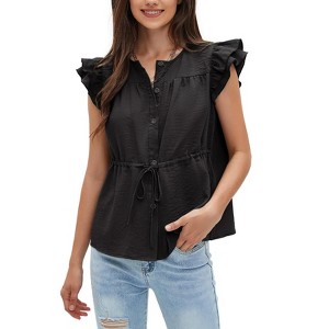 EXLURA Womens Button Down Blouses Casual Ruffle Cap Sleeve Crewneck Summer Peplum Drawstring Tops - 1 of 4