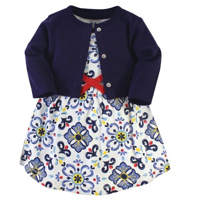 Image of Touched by Nature Baby and Toddler Girl Organic Cotton Dress and Cardigan 2pc Set, Pottery Tile, 9-12 Months