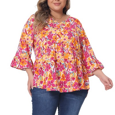 Agnes Orinda Women's Plus Size Fashion V Neck 3/4 Flounce Sleeve Babydoll  Blouses Orange 3x : Target