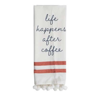 "After Coffee" 27 x 18 Inch Screen Printed Kitchen Tea Towel with Hand Sewn Pom Poms - Foreside Home & Garden