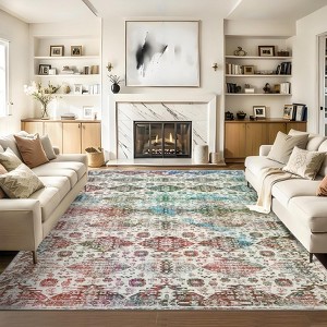 Washable Neutral Area Rug Boho Vintage Floral Retro Geometric Non Slip Low Pile Carpet for Living Room Bedroom - 1 of 4