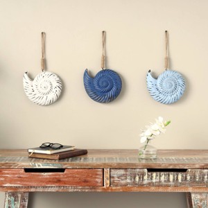 Olivia & May Set of 3 Wooden Shell Distressed Wall Decor with Jute Hanging Rope Blue: Coastal MDF Sculptures, Indoor Use - 1 of 4