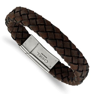 Black Bow Jewelry 12.5mm Stainless Steel Black, Brown or Red Leather Bracelet, 8.25 Inch - 1 of 2