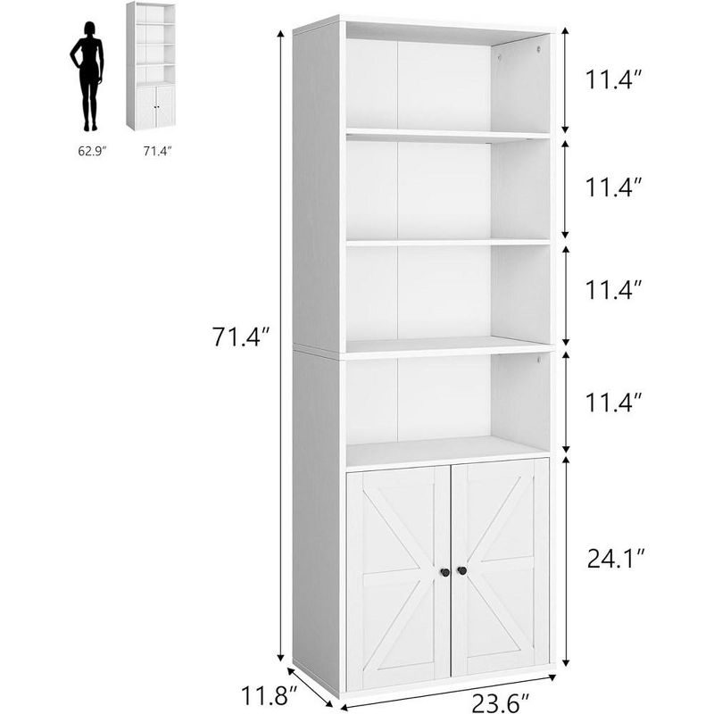 Bookcase with Doors Industrial Bookshelf 11.8in Depth Display Storage Shelves 71.4in Tall White, 3 of 6
