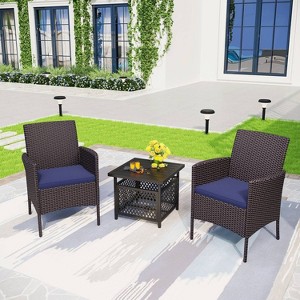 3pc Dining Set with 22" Square Table with Umbrella Hole & 2 Rattan Chairs - Black - Captiva Designs - 1 of 4