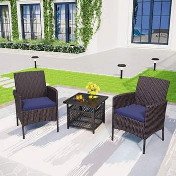 3pc Dining Set with 22" Square Table with Umbrella Hole & 2 Rattan Chairs - Black - Captiva Designs