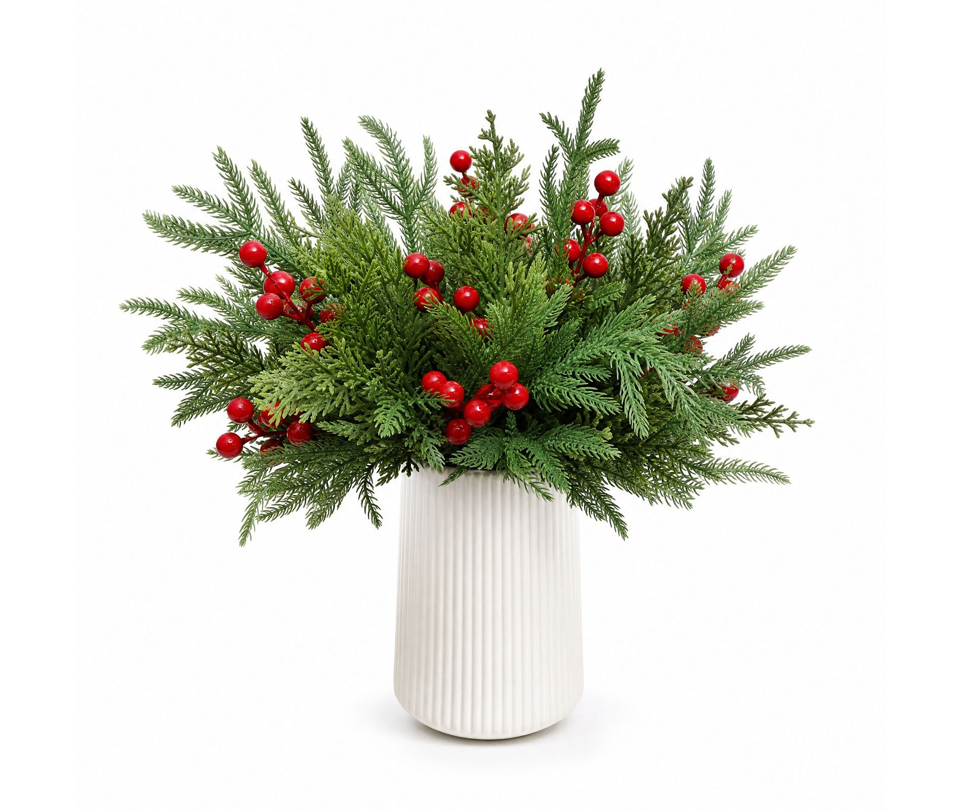 60 Pcs Christmas Artificial Pine Branch with Red Berry Stems. Faux Evergreen Norfolk Pine Cypress Leaves Stems for DIY Craft Garland Home Decor