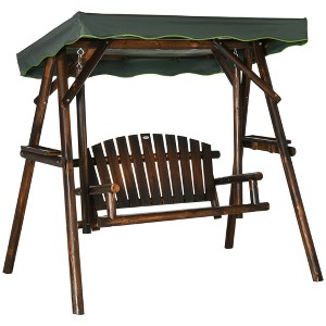 Outsunny 2-Person Patio Swing Chair, Outdoor Hanging Wooden Porch Bench Loveseat w/ Adjustable Canopy and Side Trays for Garden, Poolside, Backyard - 1 of 4