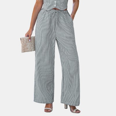Women's Grey Striped Elastic Waist Straight Leg Pants - Cupshe